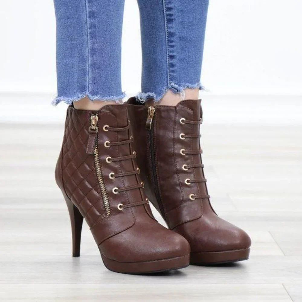Brown Platform High Heel Ankle Boots - Picture 2 of 14